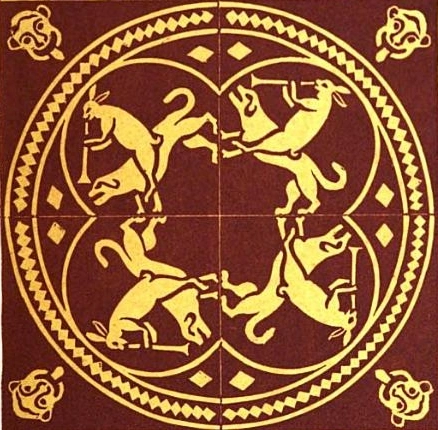 In the spirit of misrule, medieval floor tiles show a triumphant hunting hare sat on a dog.