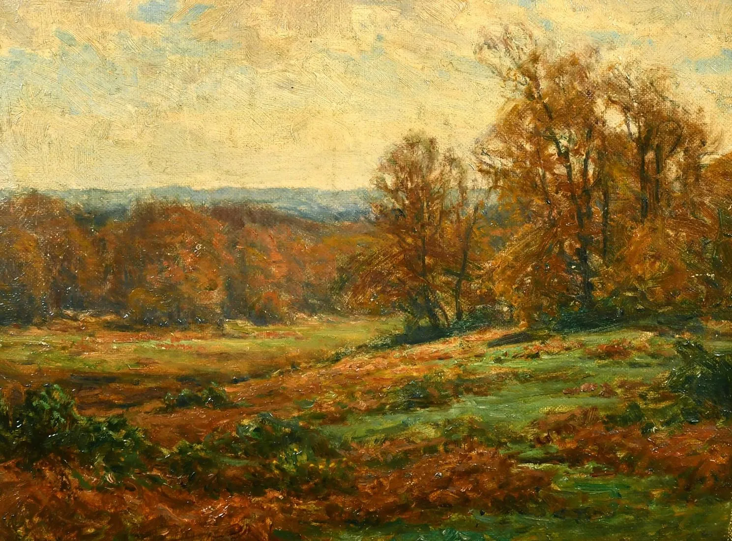 an extensive Autumn landscape with bracken, oil on canvas