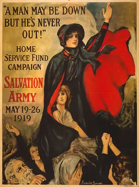 Poster showing a woman in Salvation Army uniform raising her hand above a destitute people. World War I poster by Frederick Duncan, USA
