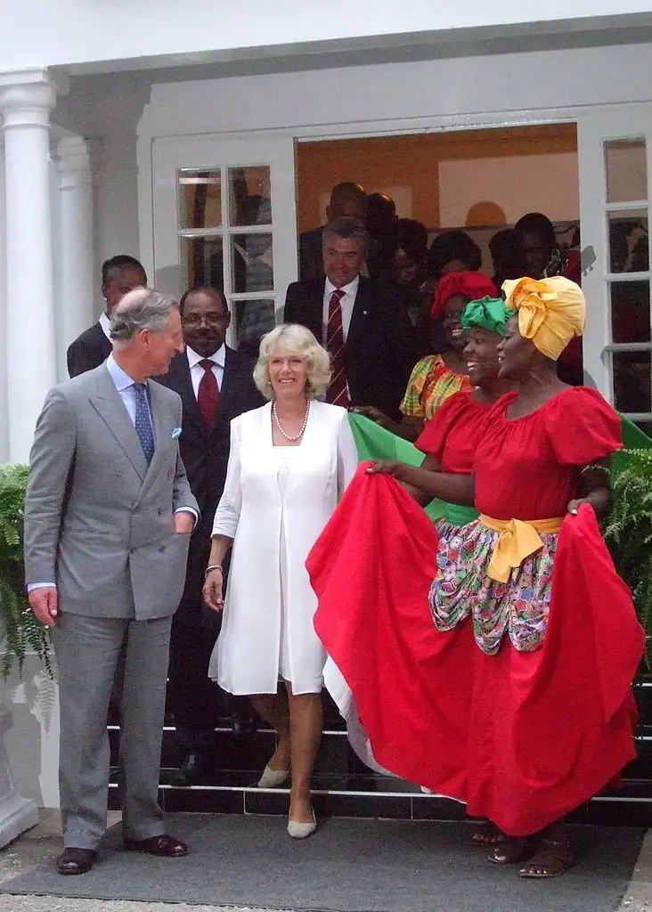 Prince Charles and Camilla Parker Bowles on an official visit to Jamaica at a reception at the Half Moon Hotel.