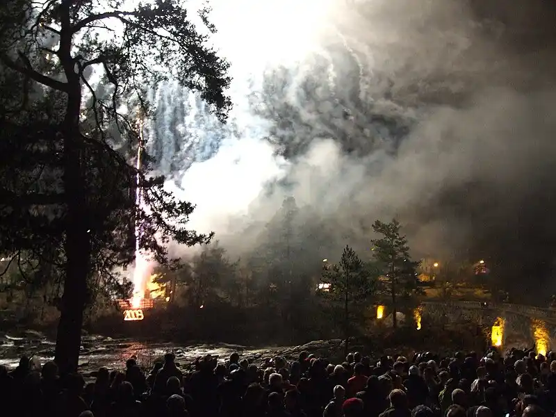Hogmanay fireworks celebrations on the Bridge of Dochart, Killin