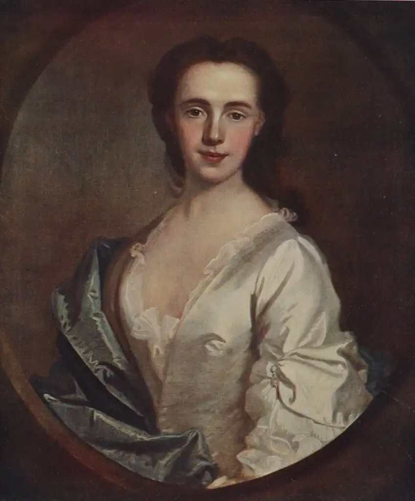 Lady Mackintosh Portrait from waist up, in white dress with green robe around shoulder