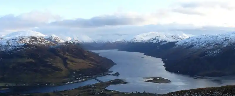 Loch Duich from north-west, Eilean Donan Castle, Loch Long, Loch Alsh, mountains of Glen Shiel.