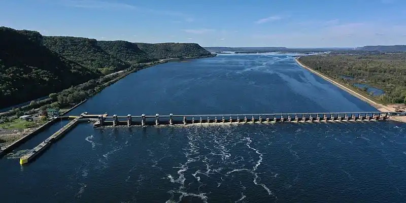 An aerial view of the Mississippi River's Lock and Dam No. 5 in Buffalo County, Wisconsin