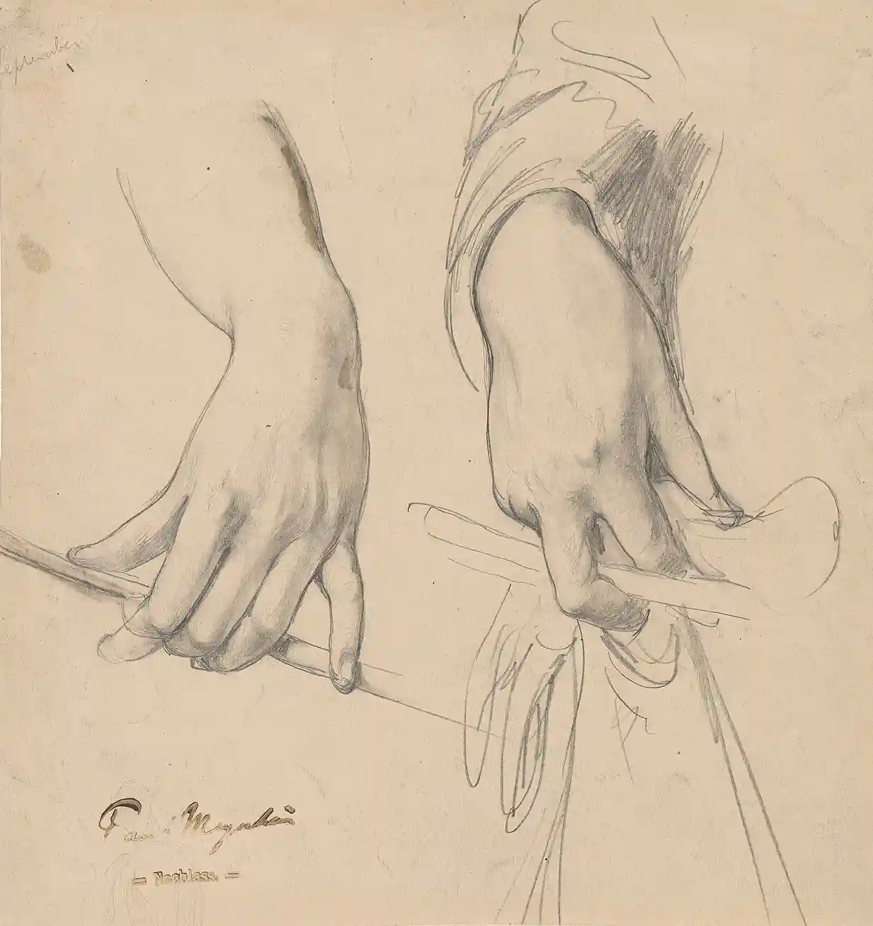 A left hand holding a staff and a right hand holding a glove and riding crop