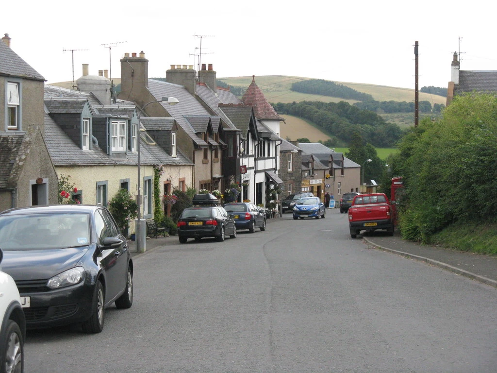 Main Street, Oxton, with the valley of the Leader Water beyond.
