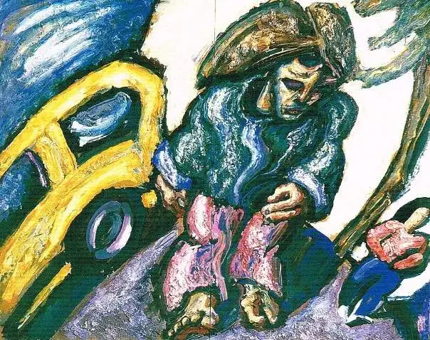 Alek Rapoport. Tramp and Yellow Cab, 1984. Oil, gouache, tempera on plywood