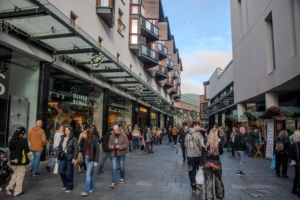 Looking along Princesshay, Exeter, on a busy Saturday afternoon