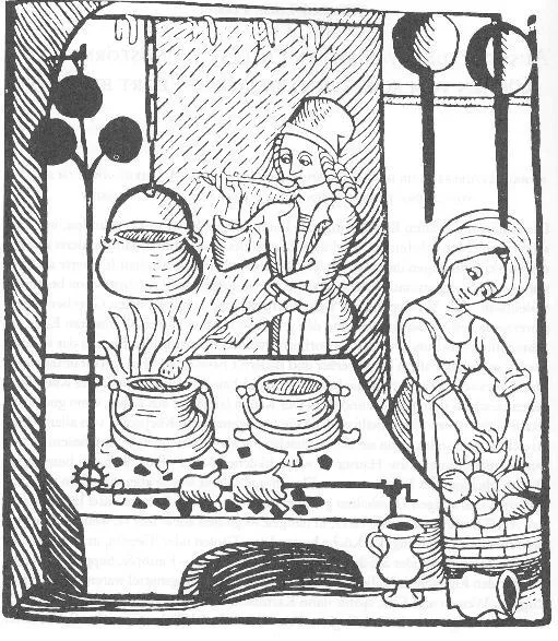 Squashed In The Kitchen - Kitchen with tiled stove, from: Kuchenmaistrey, first published in 1485 by Peter Wagner.
