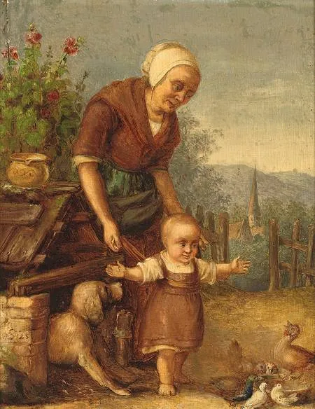 Toddle Wi' Joy - Mutter mit Kleinkind im Hühnerhof, Öl auf Holz